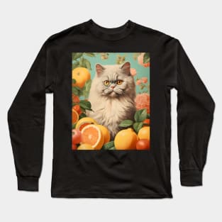 Vintage Persian Cat Collage Surrounded by Citrus Fruit - Unique Cat Art Long Sleeve T-Shirt